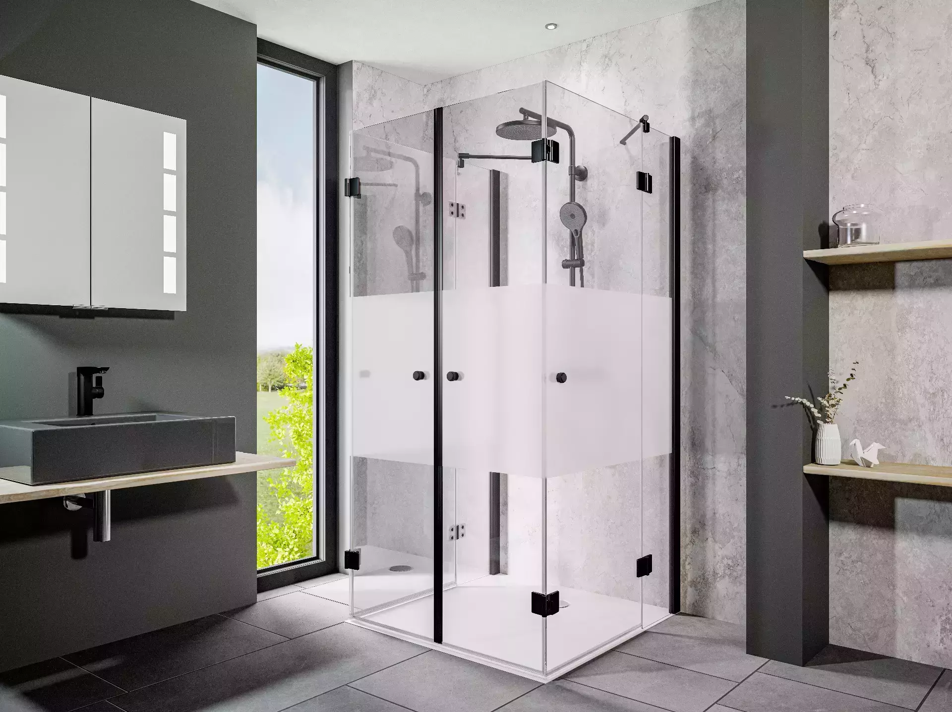 HSK teilgerahmt U-Kabine pendelbar „Aperto“ U-Kabine Glas Carré, Profile Schwarz-matt, L: 1000 mm B: 1000 mm H: 2000 mm