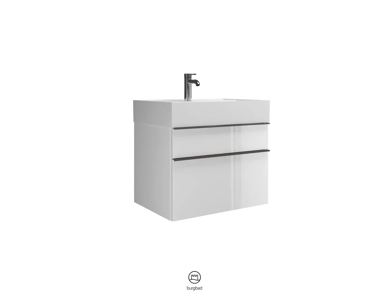 Mi-Waschtisch inkl. WTU Yumo von burgbad – 470x665x610 mm, Mineralguss, 1 Schublade oben, 350 mm Auszug unten, cleanFlow