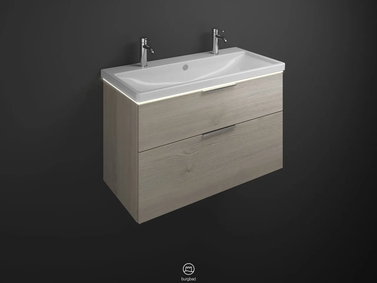 burgbad Badmöbelset Keramik-Waschtisch inkl. Waschtischunterschrank „Eqio“ 103 × 66,5 × 49 cm Griff, Schwarz Matt (230 mm), in Eiche Dekor Urban burgbad Badmöbelset Keramik-Waschtisch inkl. Waschtischunterschrank „Eqio“ 103 × 66,5 × 49 cm Griff, Schwarz Matt (230 mm), in Eiche Dekor Urban