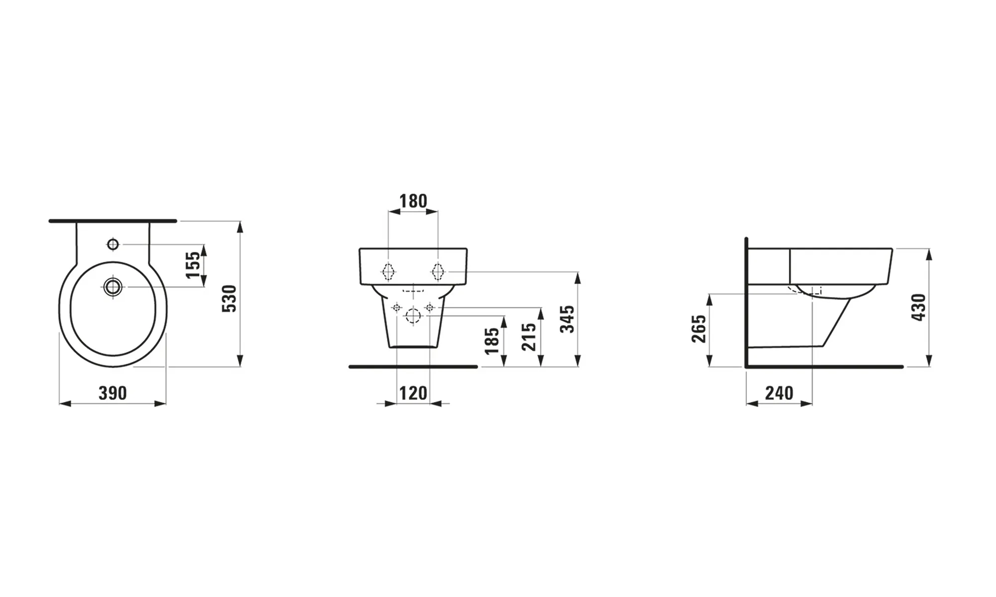 Wandbidet VAL 530x390 1 Hahnloch ohne seitliches Loch für Wasseranschluss weiß Wandbidet VAL 530x390 1 Hahnloch ohne seitliches Loch für Wasseranschluss weiß