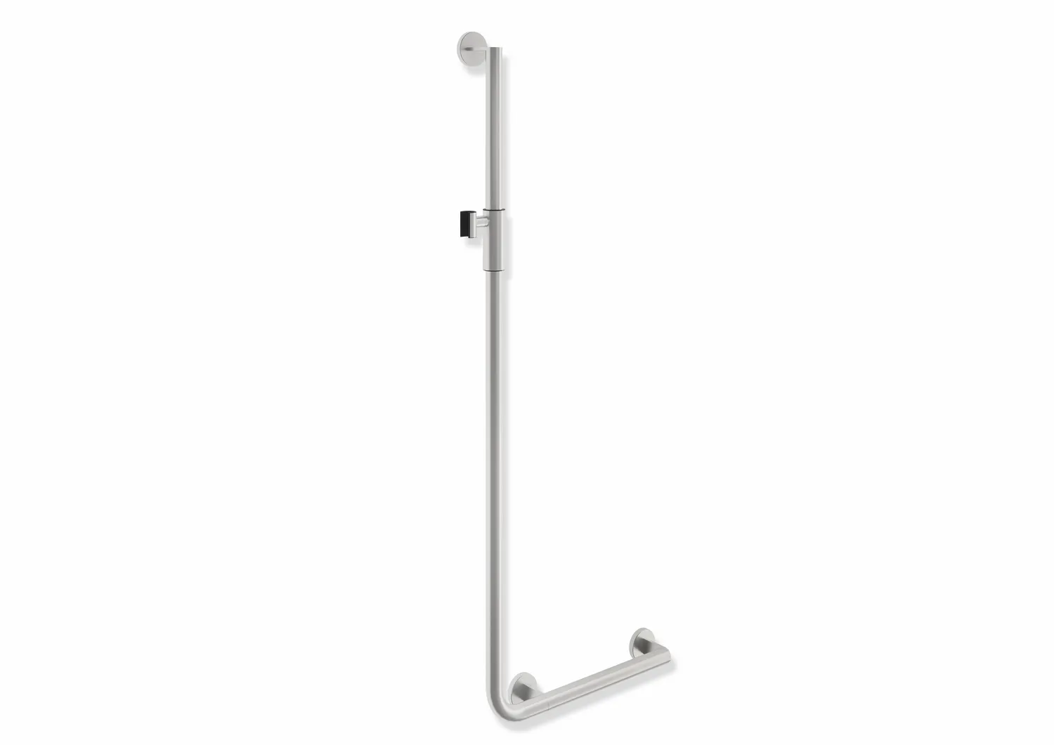 Winkelgriff mit Brausehalter, Edelstahl, schliff, waagerechte Länge 450 mm, senkrechte Länge 1250 mm, D: 32 mm, Ausführung rechts, mit magnetischem Brausehalter Winkelgriff mit Brausehalter, Edelstahl, schliff, waagerechte Länge 450 mm, senkrechte Länge 1250 mm, D: 32 mm, Ausführung rechts, mit magnetischem Brausehalter