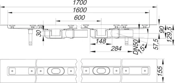 Duschrinne CeraLine Plan F Duo 1600 mm, DN 50