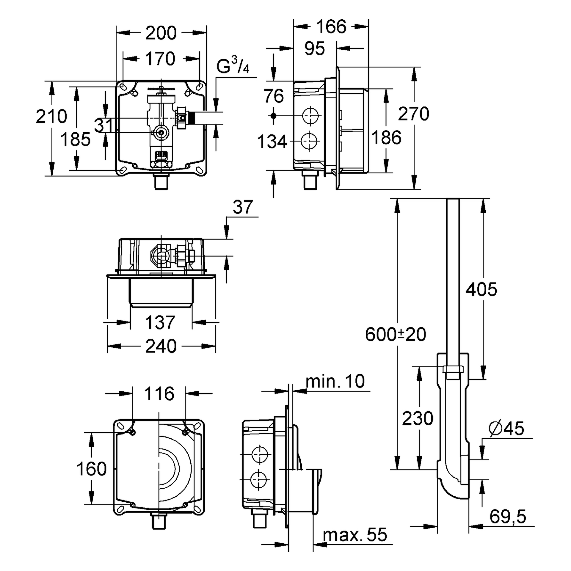 Druckspüler für WC 37048, Wandeinbau, DN 20, mit Anschluss für Magnetventil
