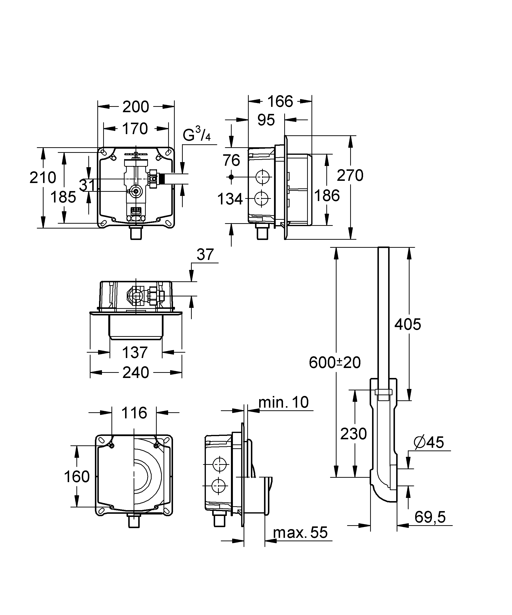 Druckspüler für WC 37048, Wandeinbau, DN 20, mit Anschluss für Magnetventil