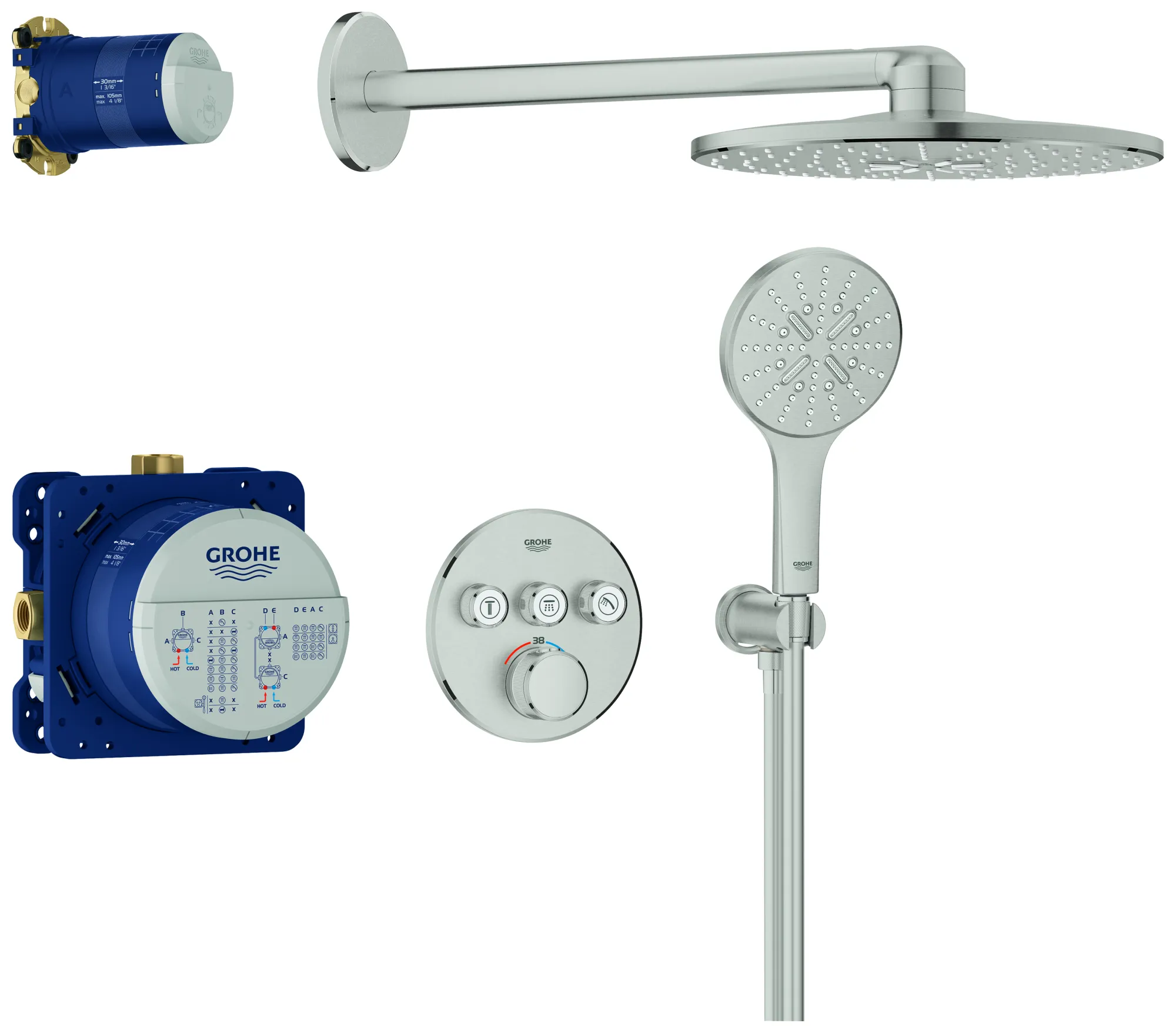 Grohe Grohtherm SmartControl Duschsystem Unterputz mit Rainshower SmartActive 310, runde Form, 3 Absperrventile, supersteel