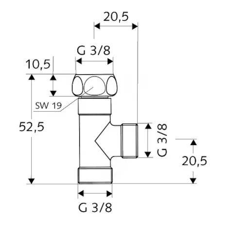 T-Stück, Überwurfmutter DN 10 G 3/8 IG, 2x DN 10 G 3/8 AG, chrom