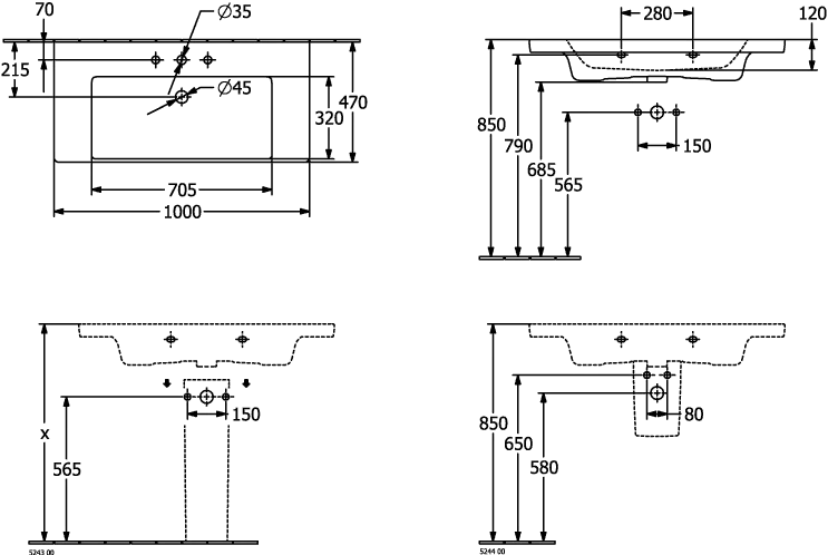 Villeroy & Boch Schrankwaschtisch Subway 3.0, 1000x470x165 mm, glänzend weiß Alpin, TitanCeram, für 3-Loch-Armatur