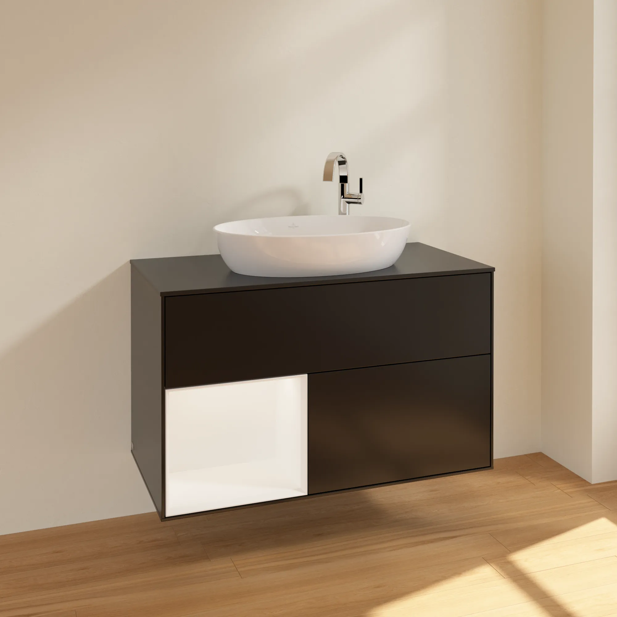 Villeroy & Boch Waschbeckenunterschrank Finion F89, 1000x603x501 mm, Black Matt Lacquer, mit Beleuchtung und Push-to-open Funktion Villeroy & Boch Waschbeckenunterschrank Finion F89, 1000x603x501 mm, Black Matt Lacquer, mit Beleuchtung und Push-to-open Funktion