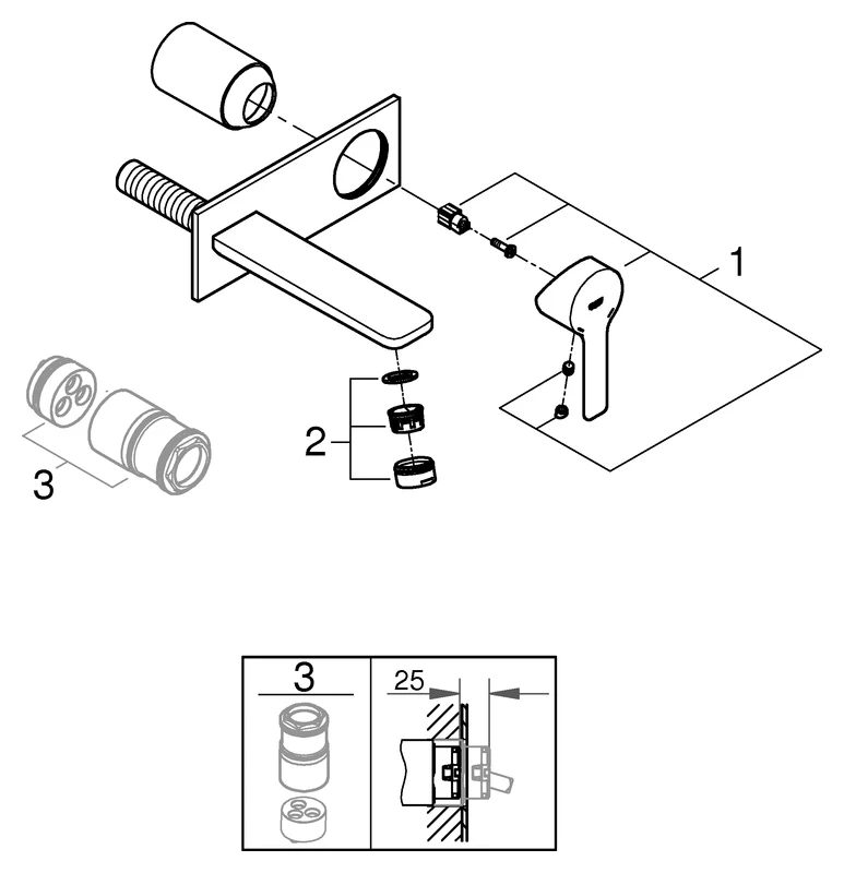 2-Loch-Waschtischbatterie Lineare 19409_1, Wandmontage, Fertigmontageset für 23 571, Ausladung 149 mm, chrom 2-Loch-Waschtischbatterie Lineare 19409_1, Wandmontage, Fertigmontageset für 23 571, Ausladung 149 mm, chrom