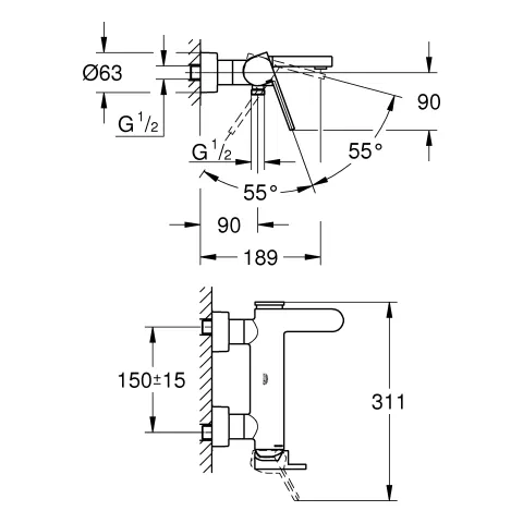 Grohe Plus Einhand-Wannenbatterie, 1/2 Wandmontage chrom Grohe Plus Einhand-Wannenbatterie, 1/2 Wandmontage chrom