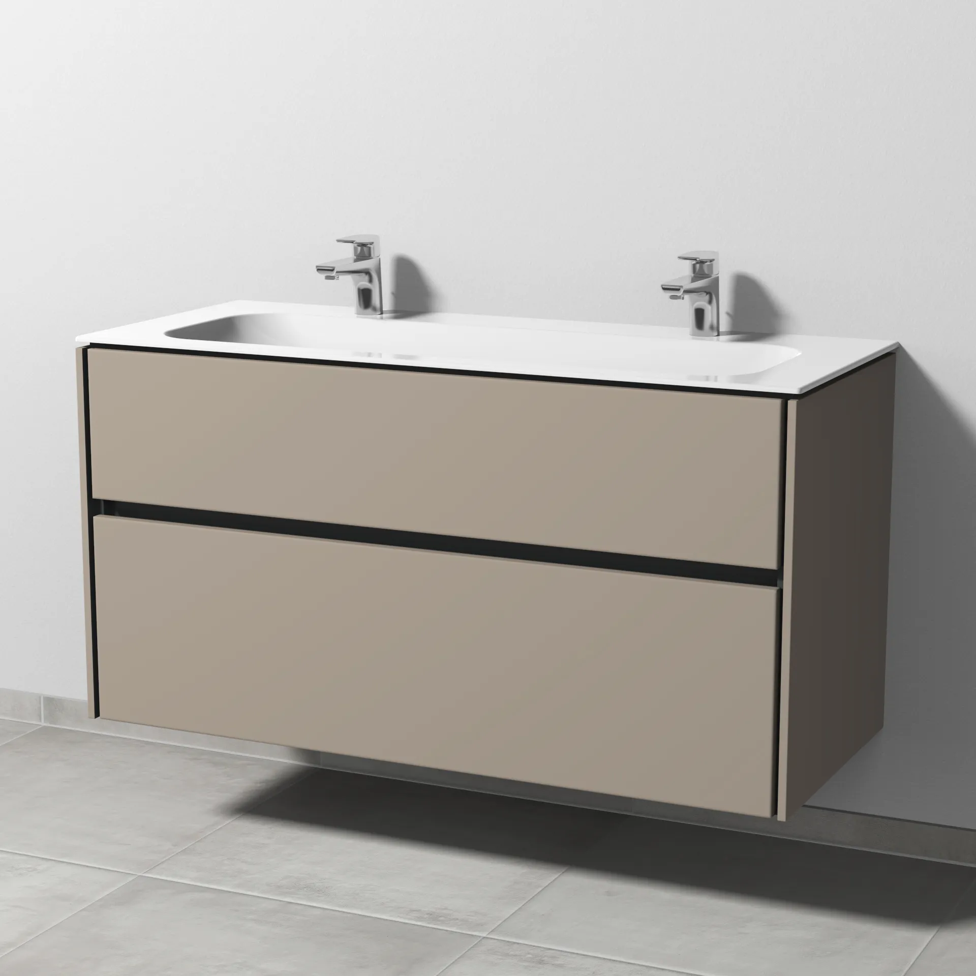 Keramik-Waschtisch-Set mit Waschtischunterschrank „Twiga“ 119 × 50 × 61 cm in Sandgrau (matt), ohne Beleuchtung, mit Hahnlochbohrung Keramik-Waschtisch-Set mit Waschtischunterschrank „Twiga“ 119 × 50 × 61 cm in Sandgrau (matt), ohne Beleuchtung, mit Hahnlochbohrung