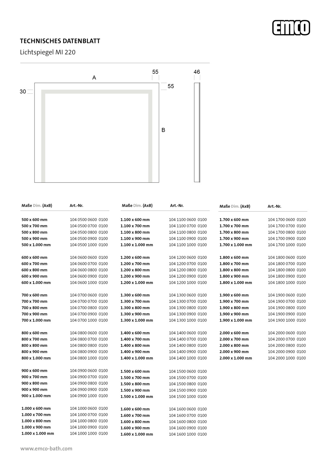 emco Lichtspiegel mit Sensorschalter „MI 220“ 50 × 60 cm