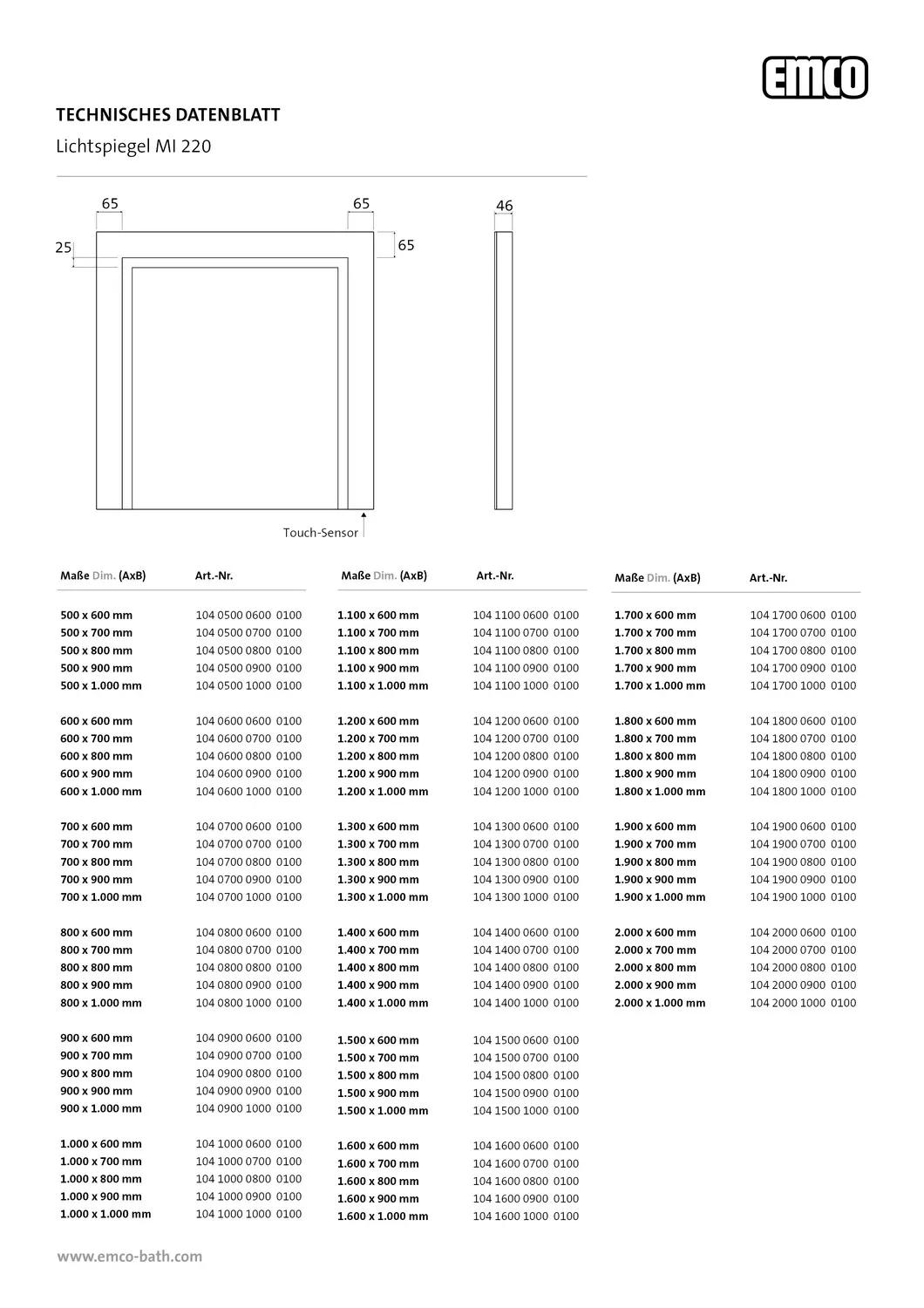 emco Lichtspiegel mit Sensorschalter „MI 220“ 50 × 100 cm