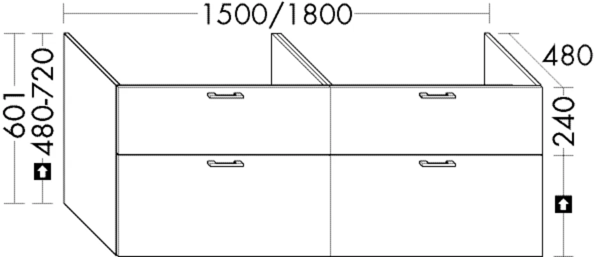 Waschtischunterschrank Sys30 von burgbad - 1500 mm breit, 480 mm tief, 601 mm hoch, mit 2 Schubladen und 2 Auszügen
