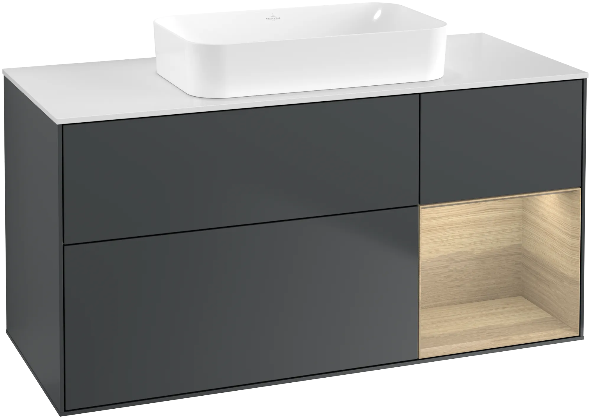 Villeroy & Boch Finion Waschbeckenunterschrank G71, Midnight Blue Matt Lacquer / Oak Veneer / Glass White Matt