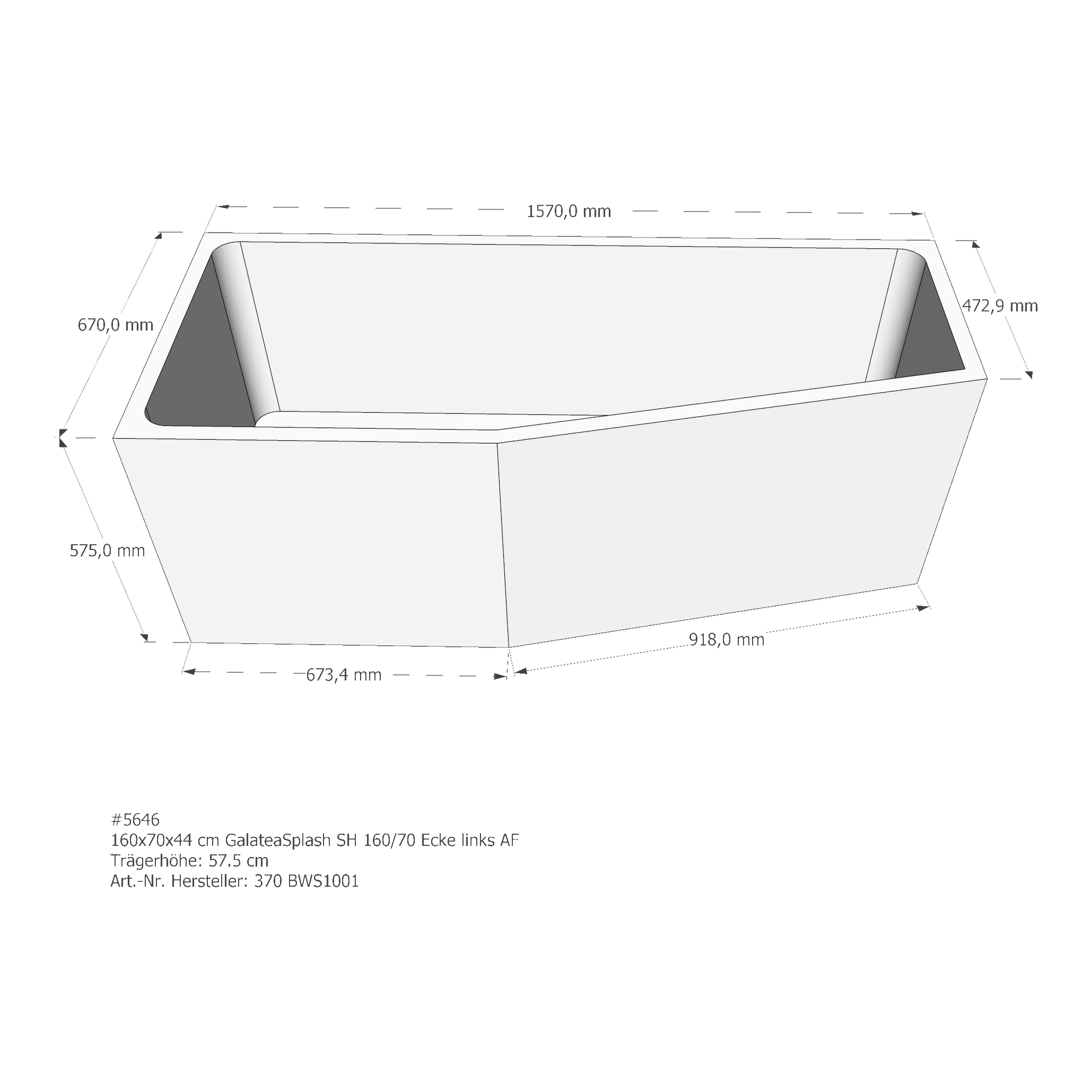 Badewannenträger für Galatea-Splash SH 160/70 Ecke links 160 × 70 × 44 cm