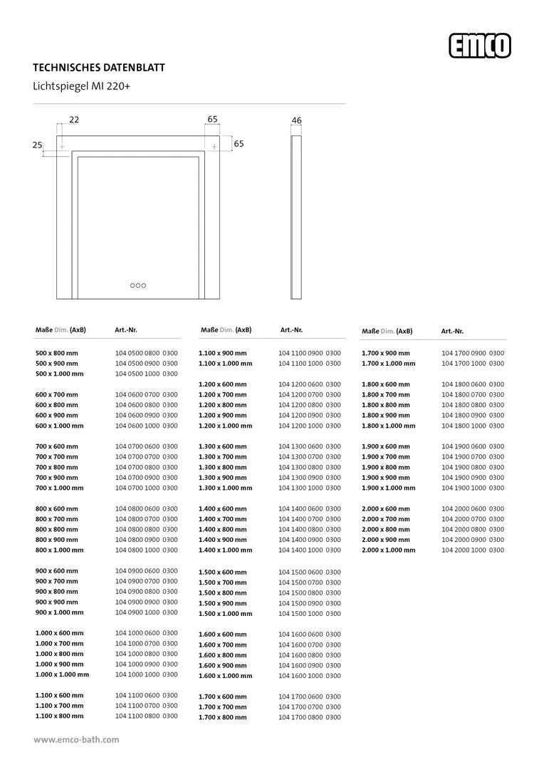 emco Lichtspiegel mit Touch-Bedienfeld „MI 220+“ 50 × 100 cm