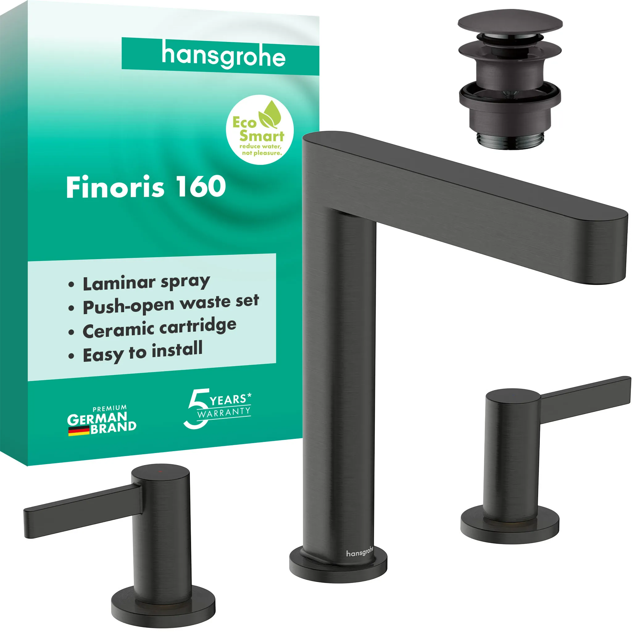 Hansgrohe Finoris 3-Loch Waschtischarmatur 160, Brushed Black Chrome, Ausladung 169 mm, Auslaufhöhe 162 mm Hansgrohe Finoris 3-Loch Waschtischarmatur 160, Brushed Black Chrome, Ausladung 169 mm, Auslaufhöhe 162 mm