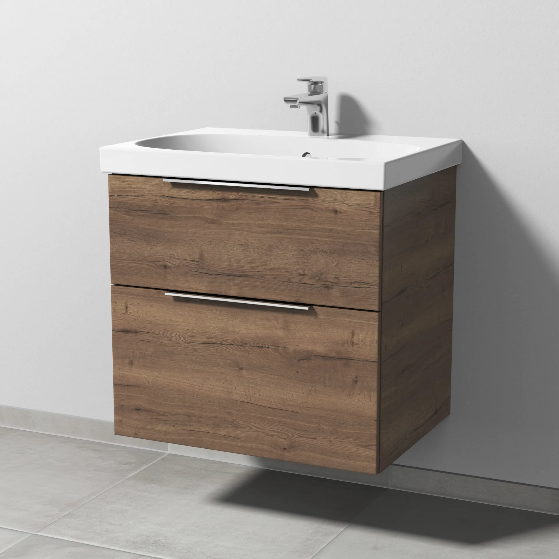 Sanipa Waschtischunterschrank „3way“ passend zu Keramik-Waschtische Acanto von Geberit 620 × 586 × 467 mm in Eiche Tabak, mit Hahnlochbohrung, Becken 