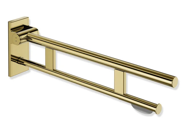 HEWI Stützklappgriff Duo System 900, Design A, Edelstahl PVD gold glänzend, Ausladung 700 mm, mit WC-Papierhalter
