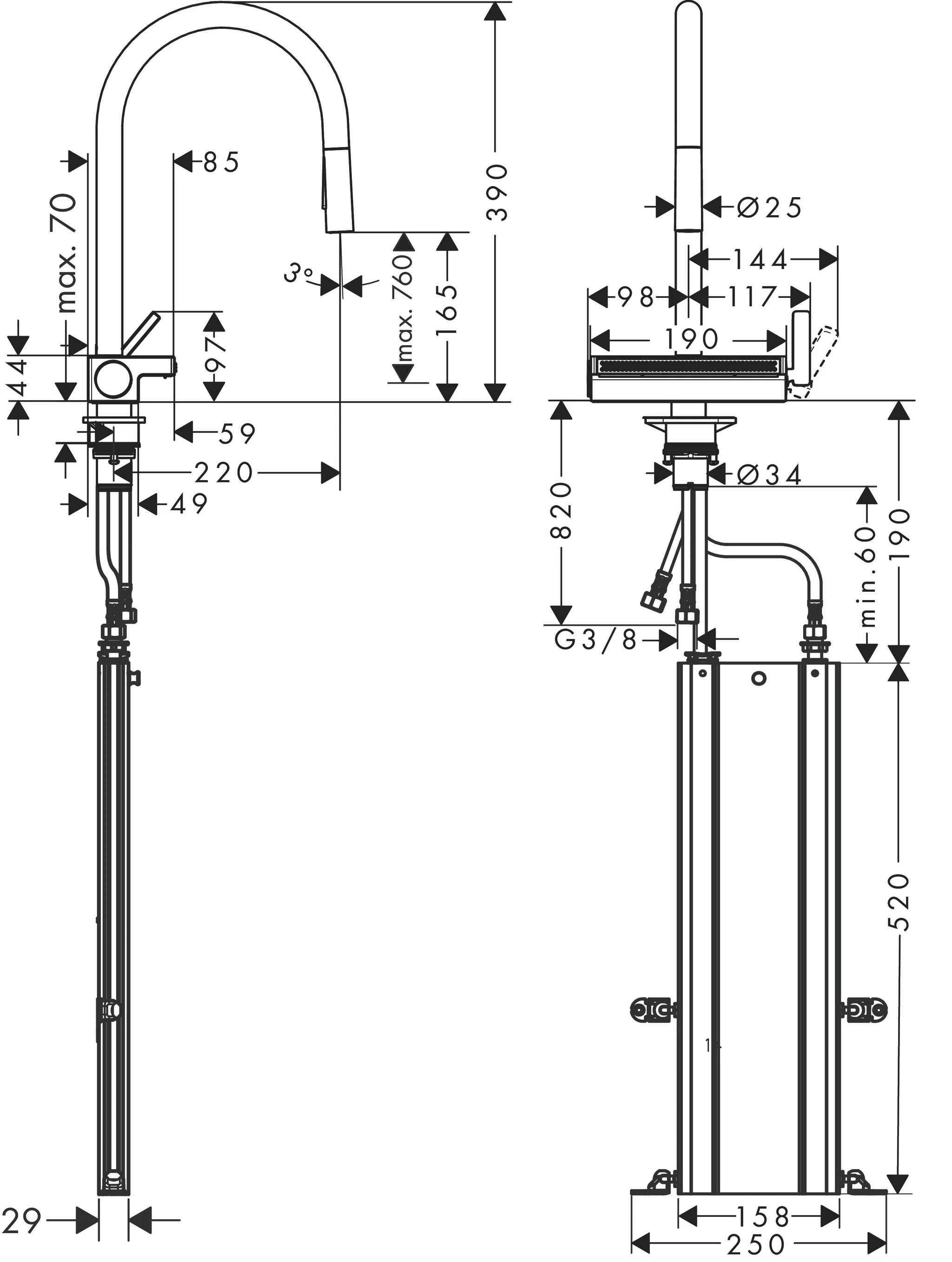 Hansgrohe Aquno Select M81 Einhebel-Küchenmischer mit Ausziehbrause 3jet sBox Chrom, ComfortZone 170, Schwenkbereich einstellbar in 3 Stufen auf 60°, 110° oder 150°, Laminarstrahl, Brausestrahl, SatinFlow, Umstellung durch Tastendruck, MagFit magnetische