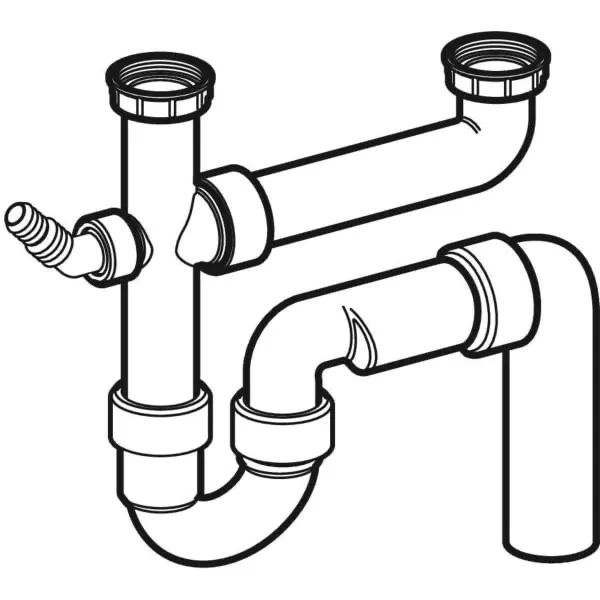 Rohrbogengeruchsverschluss für zwei Spülbecken, mit Winkelschlauchtülle, Abgang vertikal: d=50mm, G=1 1/2″, weiß-alpin