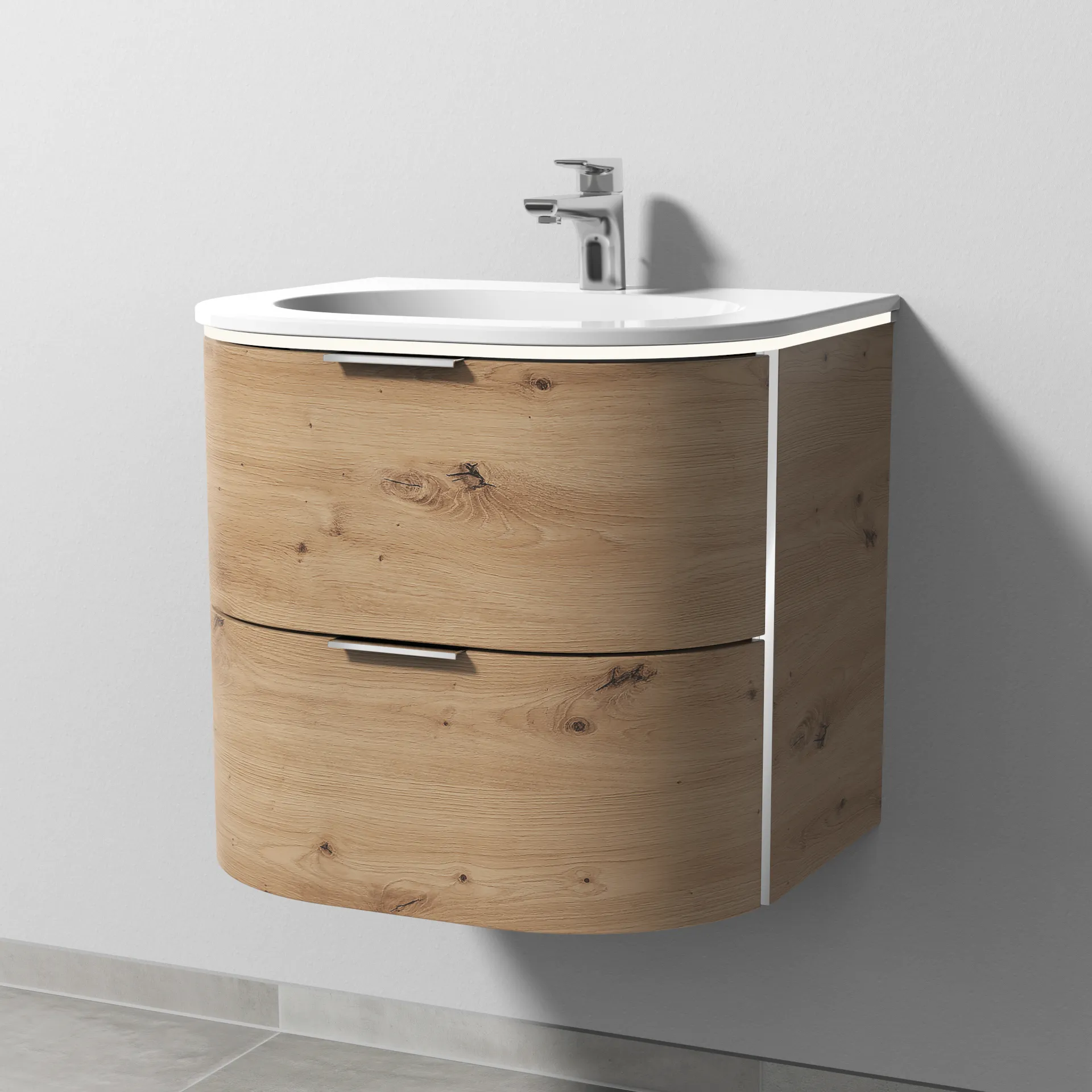Keramik-Waschtisch-Set mit Waschtischunterschrank „4balance“ 58,4 × 51,4 × 52,2 cm in Eiche Natural-Touch, mit Beleuchtung Keramik-Waschtisch-Set mit Waschtischunterschrank „4balance“ 58,4 × 51,4 × 52,2 cm in Eiche Natural-Touch, mit Beleuchtung
