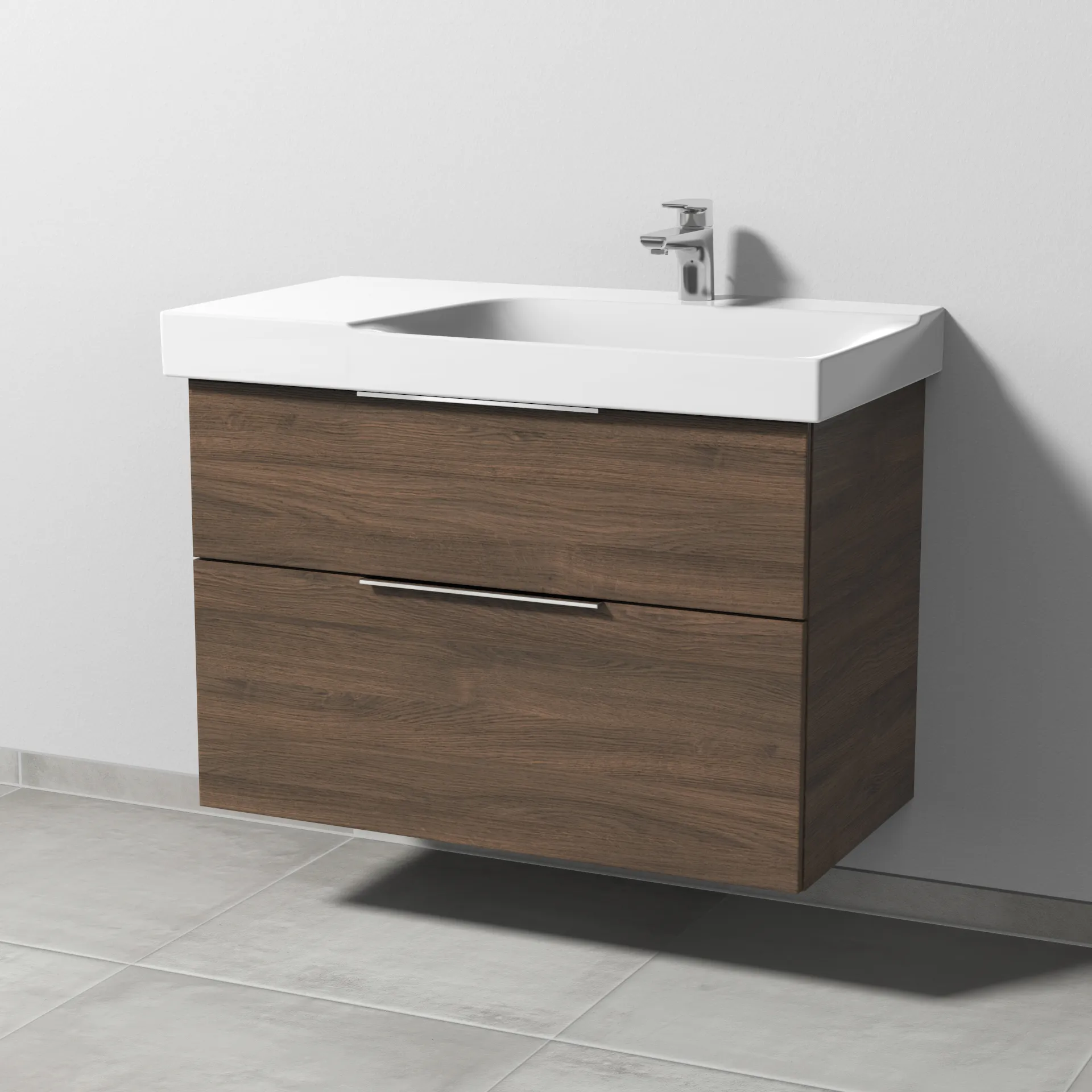 Sanipa Waschtischunterschrank „3way“ passend zu Keramik-Waschtische Xeno2 von Geberit 850 × 593 × 452 mm in Eiche Arizona, Becken rechts
