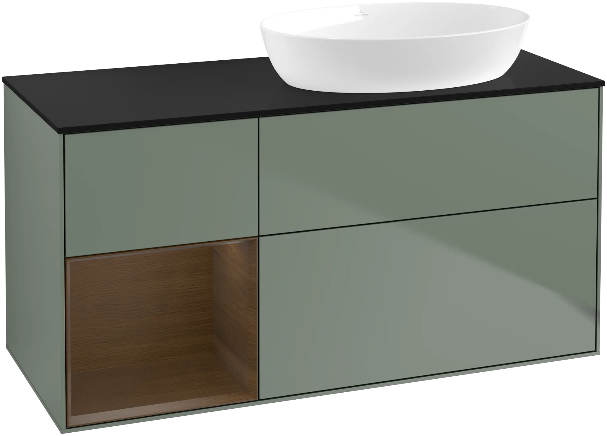 Villeroy & Boch Waschbeckenunterschrank Finion FA4, Olive Matt Lacquer / Walnut Veneer / Glass Black Matt