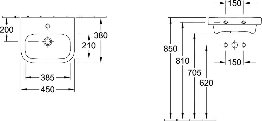 Waschbecken „Architectura“ 36 × 26,5 × 13,5 cm, ohne Hahnlochbohrung, rechts