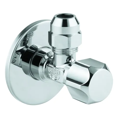 Eckventil 22023, Wandanschluss 1/2'', Abgang 3/8'', selbstdichtendes Anschlussgewinde, Quetschverschraubung Ø 10 mm, Schubrosette aus Metall Eckventil 22023, Wandanschluss 1/2'', Abgang 3/8'', selbstdichtendes Anschlussgewinde, Quetschverschraubung Ø 10 mm, Schubrosette aus Metall