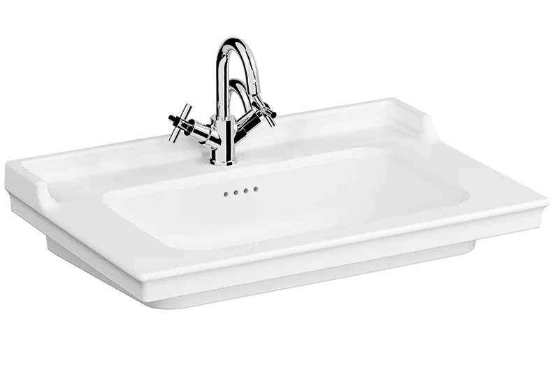 Valarte Möbelwaschtisch 80 x 53 cm mit Hahnloch 4 Überlauflöcher Weiß Hochglanz mit Oberfächenveredelung Clean