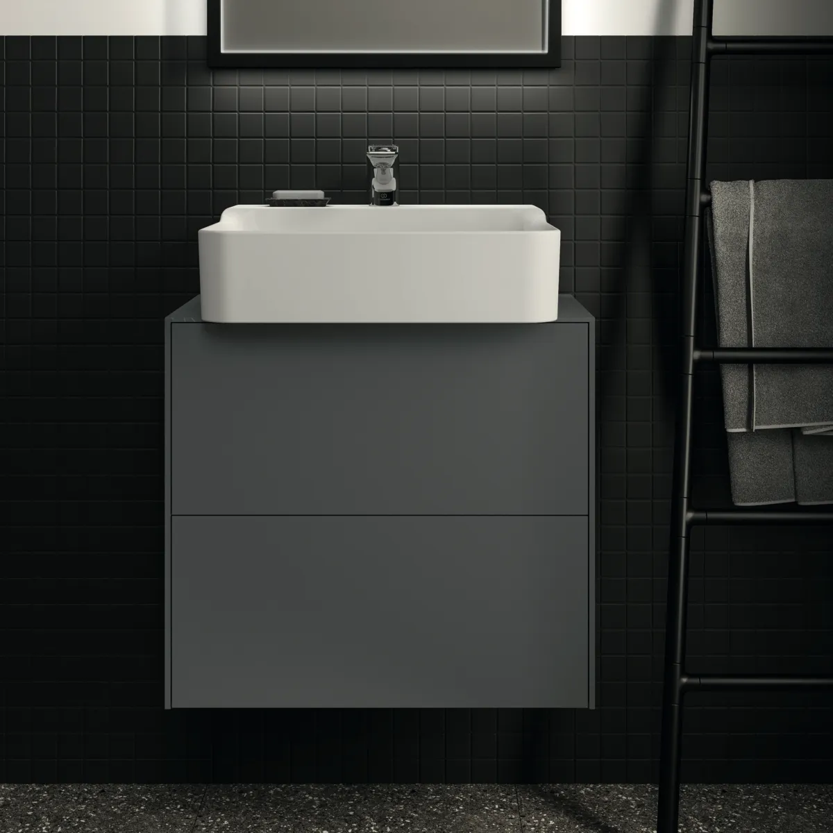 Waschtischplatte Conca, aus Keramik, 602x373x6mm, Marmor Noir Desir
