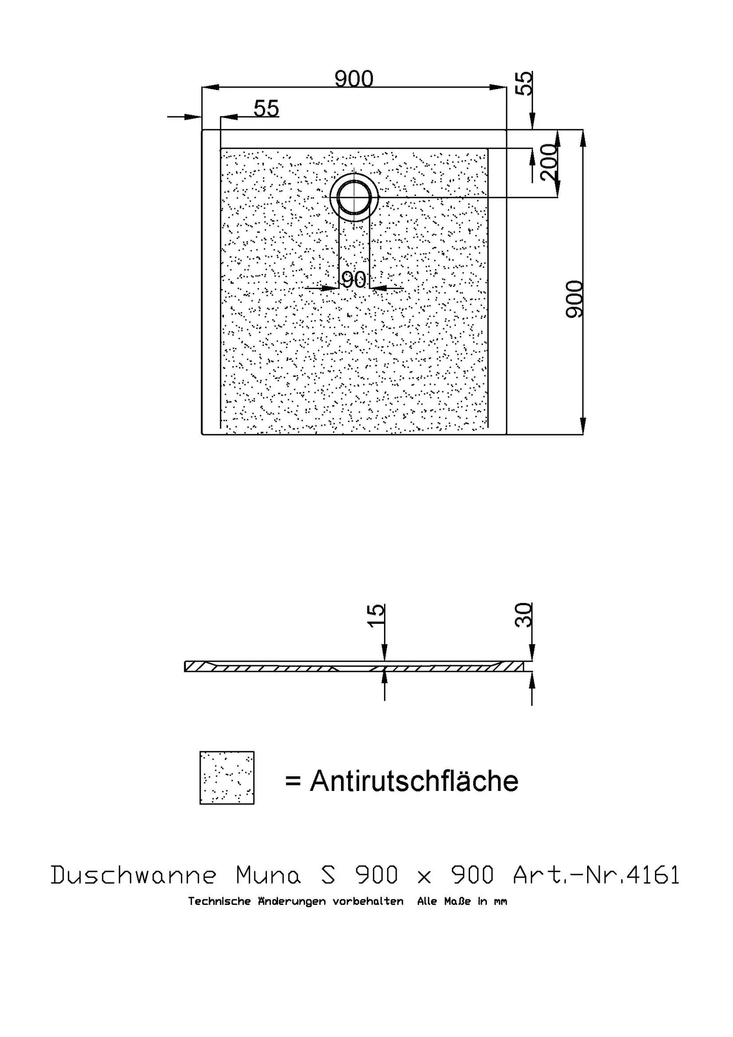 Hoesch Muna S Duschwanne Mineralguss Solique, 900x900x30, Weiß