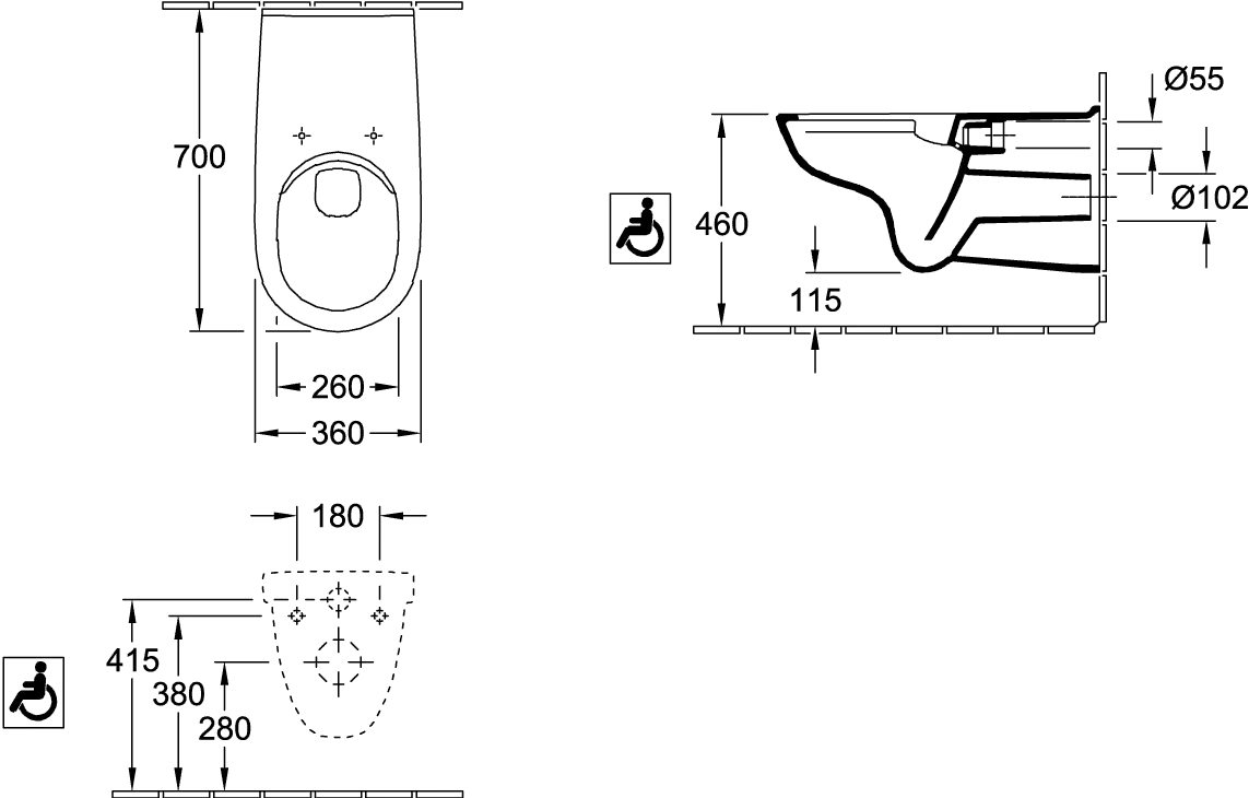 Villeroy & Boch Tiefspül-WC ViCare spülrandlos 4601R0 360x700x344mm oval wandhängend weiß Alpin