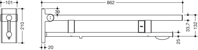 Stützklappgriff Duo, Design A des Systems 900, Edelstahl, PVD, Ausladung 850 mm, mit WC-Papierhalter und Spülauslösung (E-Ausführung), Ausführung links, in Farbe CK (messing glänzend)