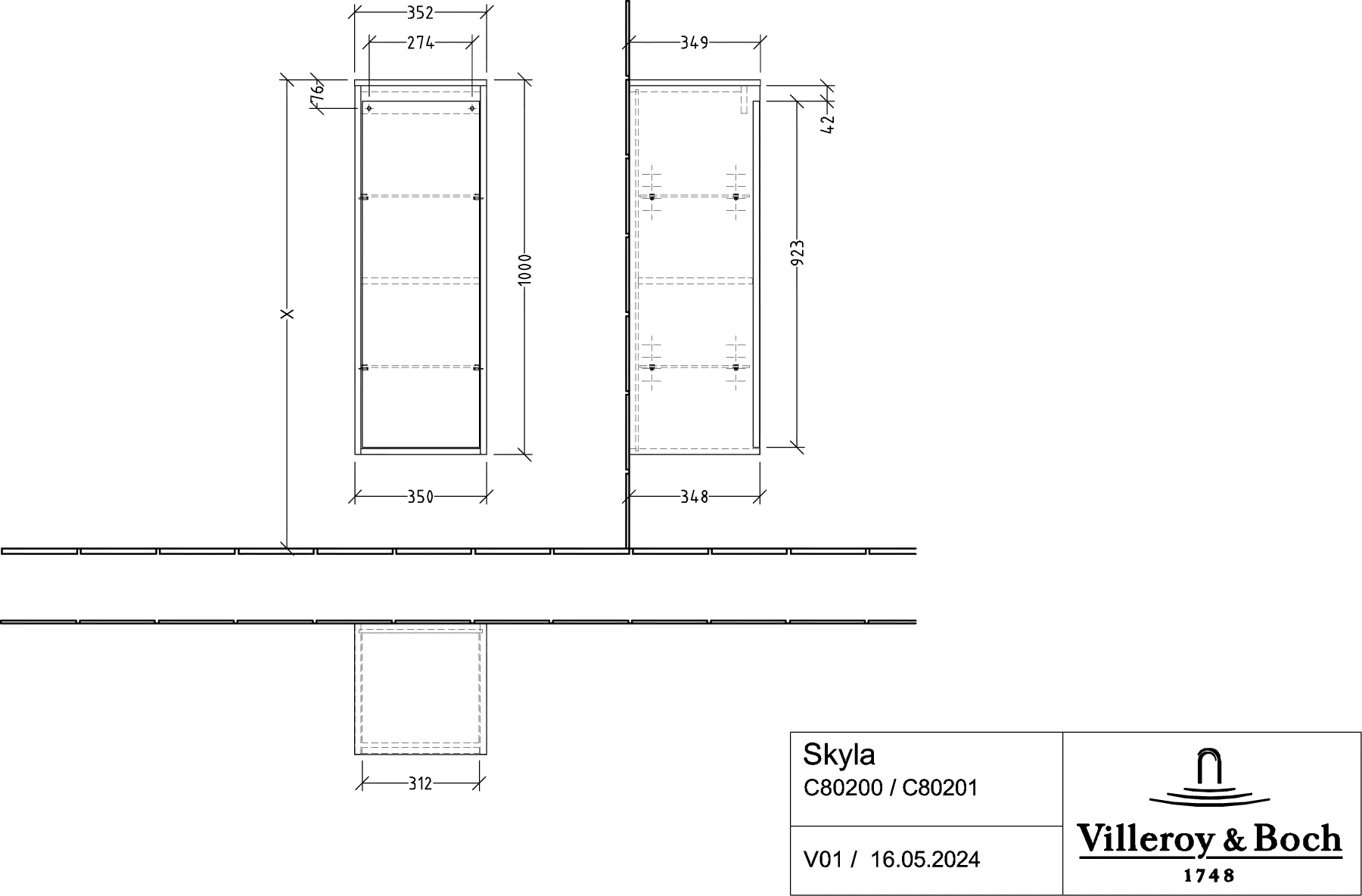 Villeroy & Boch Hochschrank „Skyla“ 350 × 1000 × 349 mm Soft Green, Anschlag links
