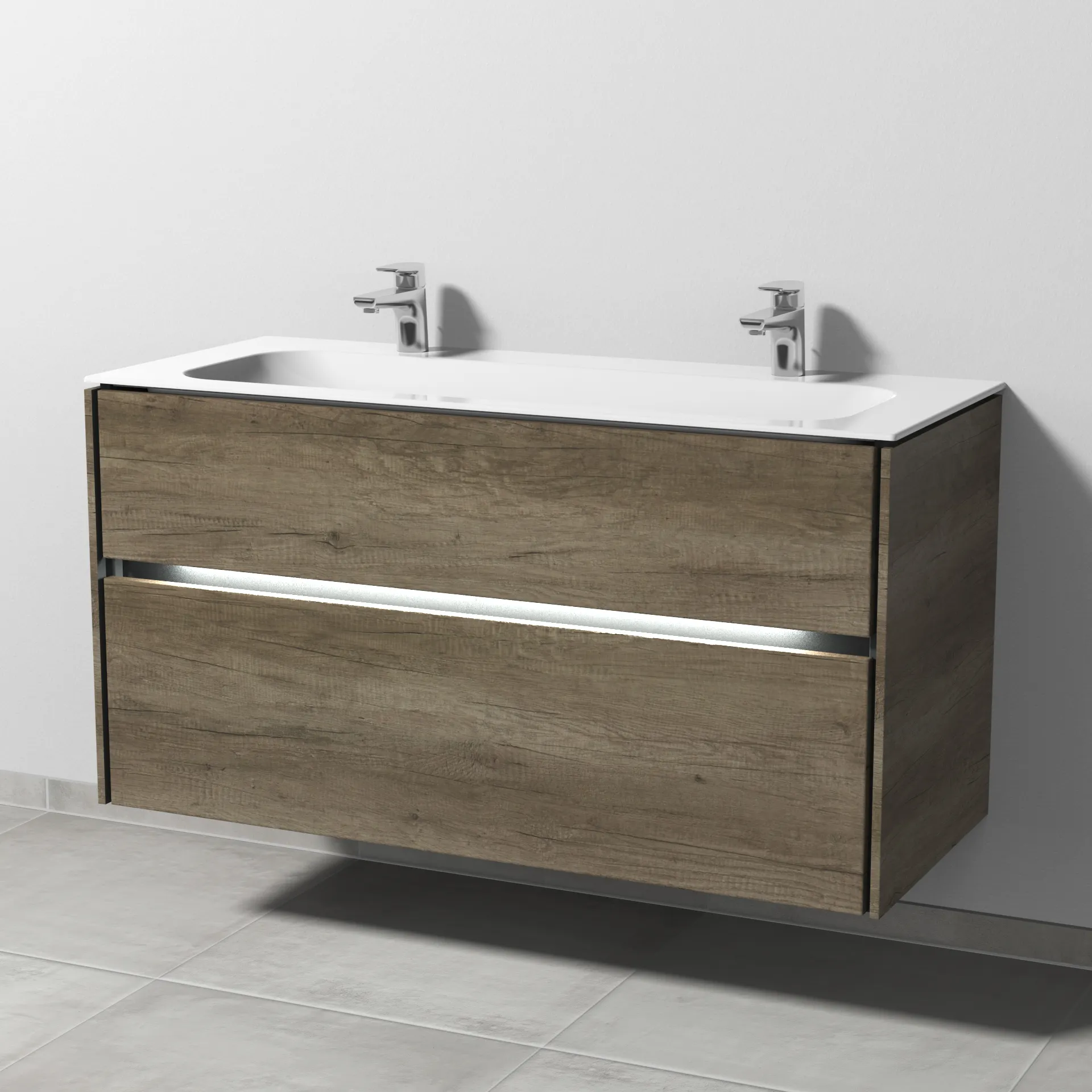 Keramik-Waschtisch-Set mit Waschtischunterschrank „Twiga“ 119 × 50 × 61 cm in Eiche Nebraska, mit Hahnlochbohrung, mit Beleuchtung