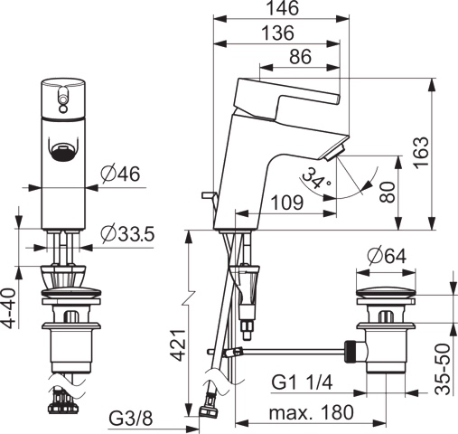 EHM Waschtischbatterie VANTIS 5240 Ablaufgarnitur mit Zugstange Ausladung 109 mm Chrom Pinhebel