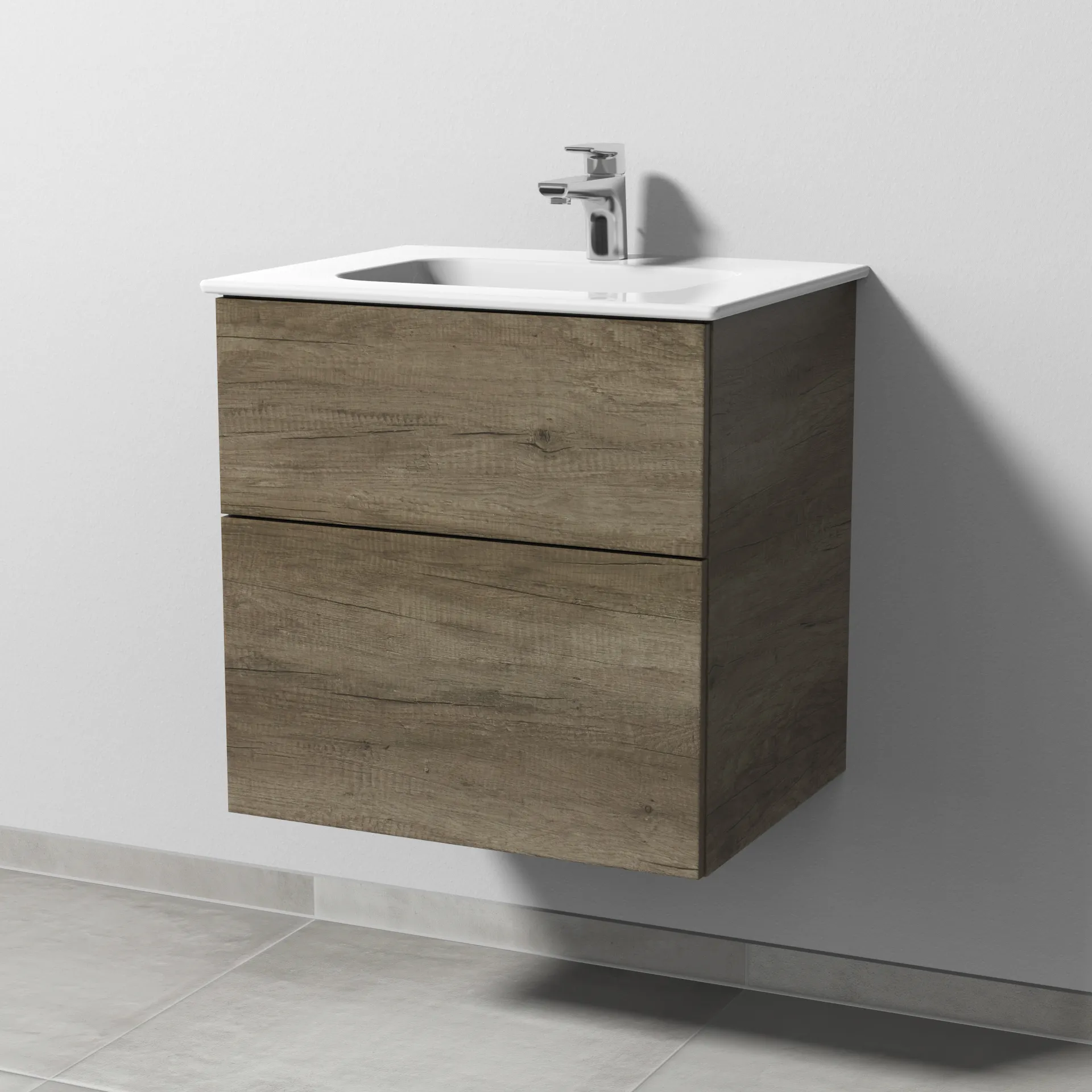 Keramik-Waschtisch-Set mit Waschtischunterschrank „3way“ 57 × 46 × 58,2 cm in Eiche Nebraska, mit Hahnlochbohrung, Becken mittig