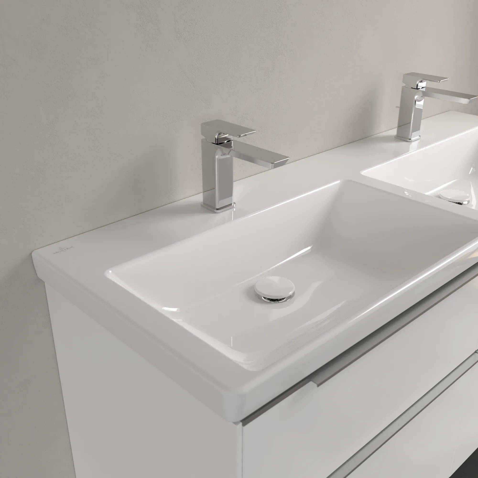 Villeroy & Boch Doppelwaschtisch aus TitanCeram „Subway 3.0“ 1300 × 475 × 165 mm, mit Hahnlochbohrung, Hahnlochposition links und rechts in Weiß Alpin Villeroy & Boch Doppelwaschtisch aus TitanCeram „Subway 3.0“ 1300 × 475 × 165 mm, mit Hahnlochbohrung, Hahnlochposition links und rechts in Weiß Alpin