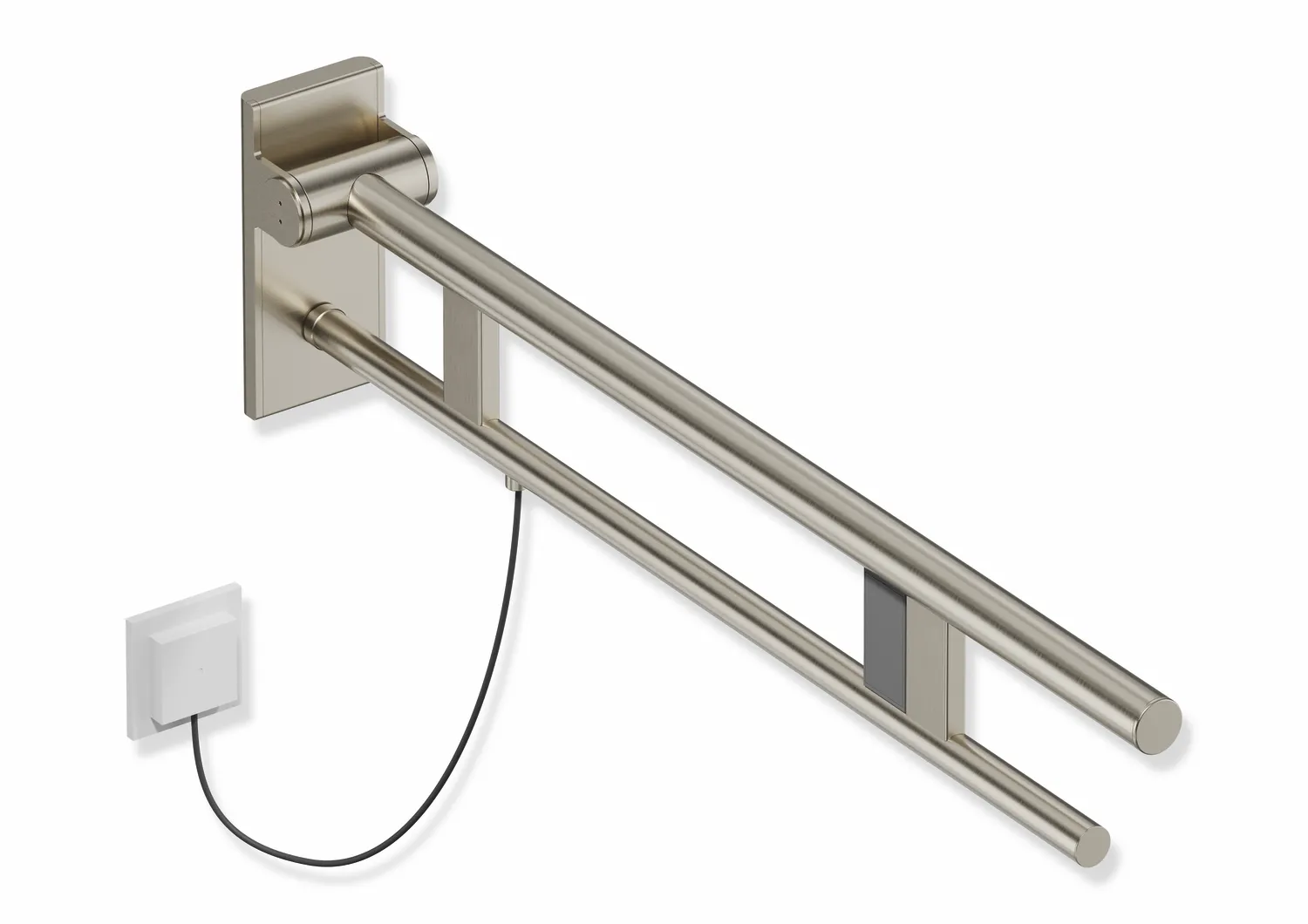 Stützklappgriff Duo, Design A des Systems 900, Edelstahl, PVD, Ausladung 850 mm, mit Spülauslösung (E-Ausführung), Ausführung rechts, in Farbe CK (messing glänzend) Stützklappgriff Duo, Design A des Systems 900, Edelstahl, PVD, Ausladung 850 mm, mit Spülauslösung (E-Ausführung), Ausführung rechts, in Farbe CK (messing glänzend)