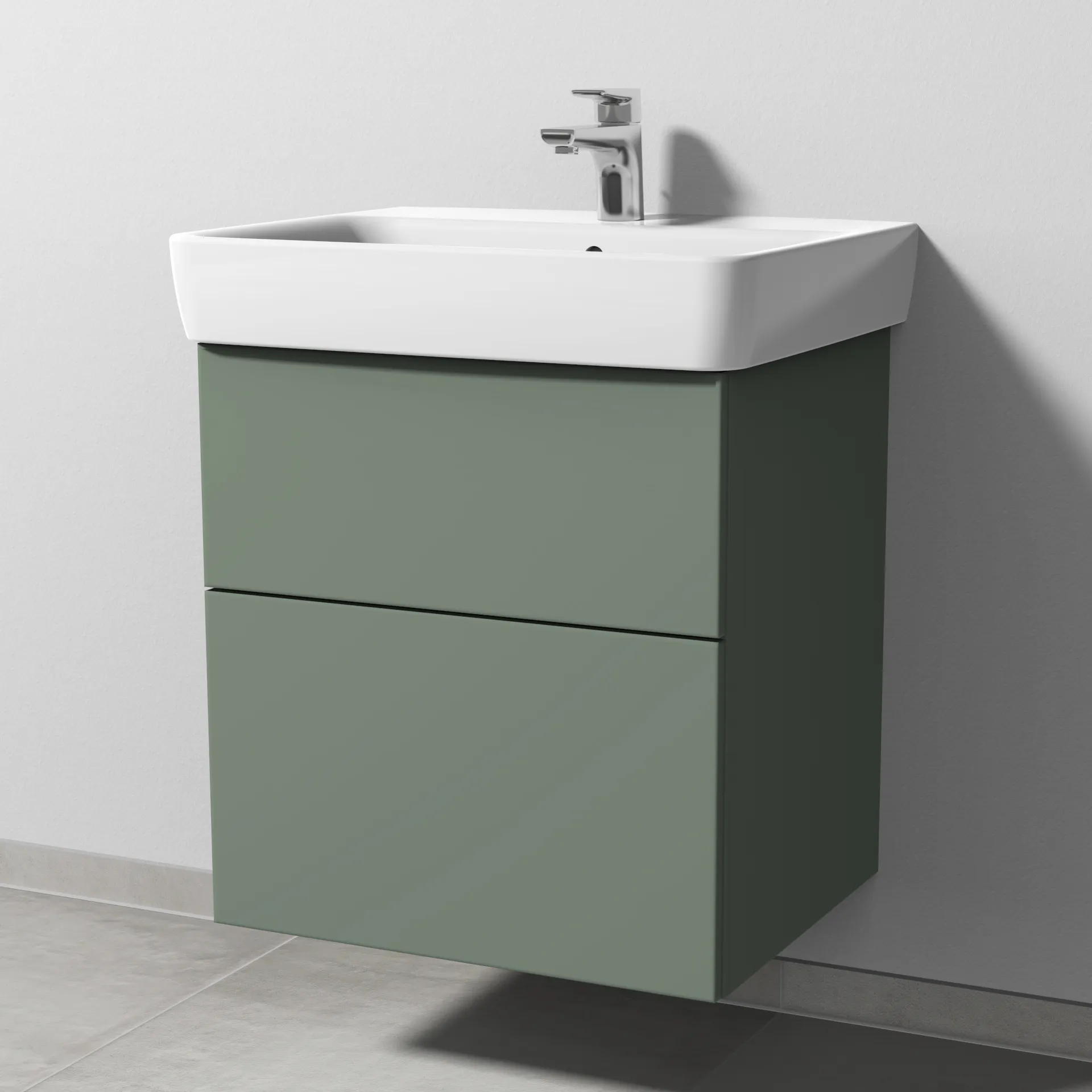 Sanipa Waschtischunterschrank „3way“ passend zu Keramik-Waschtische Renova Plan von Geberit 540 × 588 × 447 mm in Soft-Green, Becken mittig