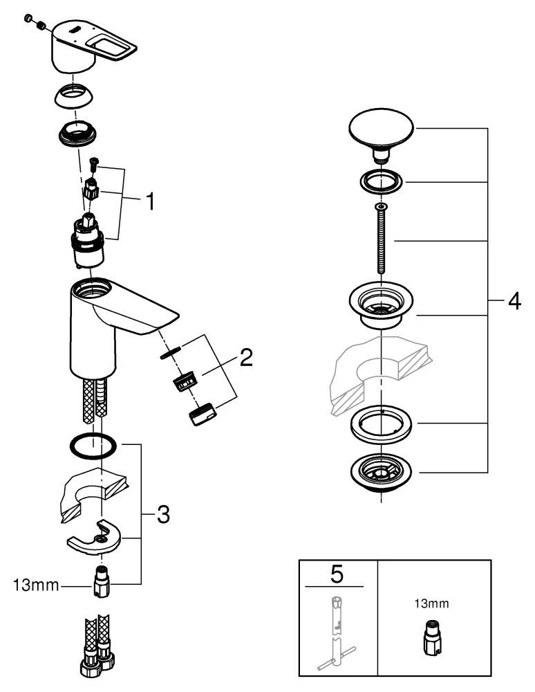 Einhand-Waschtischbatterie BauLoop 23879_1, S-Size, Einlochmontage, mit Temperaturbegrenzer, LowFlow 3,5 l/min Mousseur, glatter Körper, Push-open Ablaufgarnitur aus Kunststoff 1 1/4″, chrom