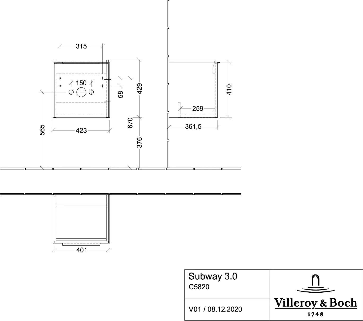 Villeroy & Boch Waschtischunterschrank mit Tür „Subway 3.0“ für Schrankwaschtisch 42,3 × 42,9 × 37,8 × 37,8 cm 1 Tür, Anschlag (Scharnier) rechts, Waschbecken mittig, 1 Tür, mittig, Anschlag rechts