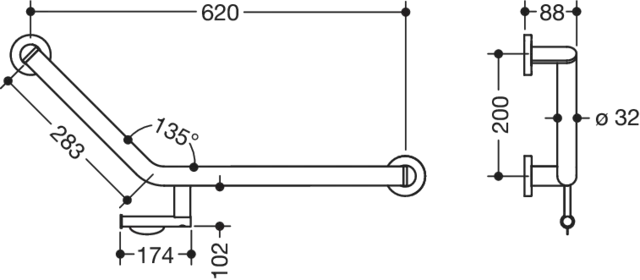 Winkelgriff mit Papierrollenhalter des Systems 900, Edelstahl, PVD, Achsmaße 620 mm und 283 mm, Winkel 135°, D: 32 mm, Ausführung rechts, in Farbe CK (messing glänzend) Winkelgriff mit Papierrollenhalter des Systems 900, Edelstahl, PVD, Achsmaße 620 mm und 283 mm, Winkel 135°, D: 32 mm, Ausführung rechts, in Farbe CK (messing glänzend)