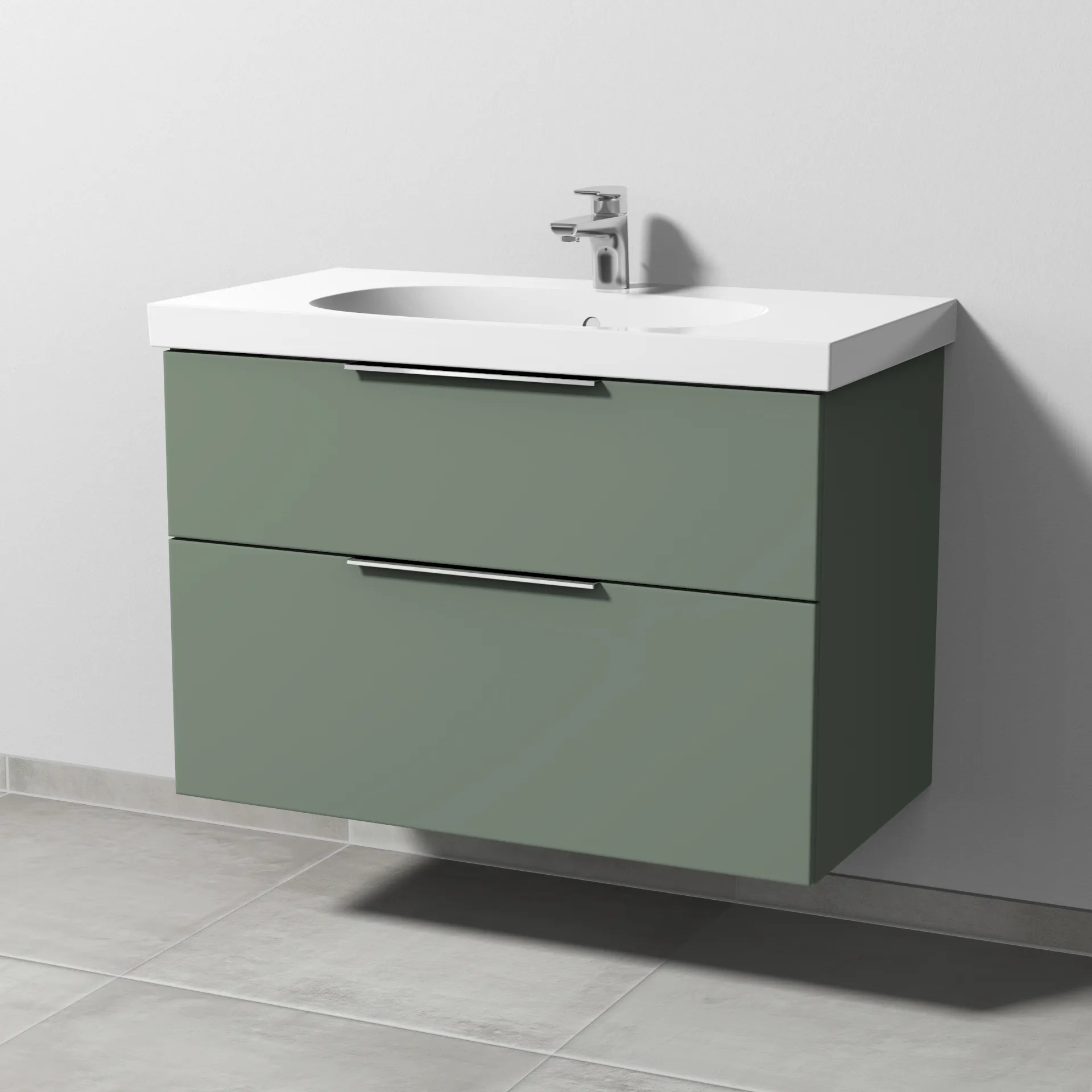 Sanipa Waschtischunterschrank „3way“ passend zu Keramik-Waschtische Acanto von Geberit 870 × 586 × 467 mm in Soft-Green, mit Hahnlochbohrung, Becken