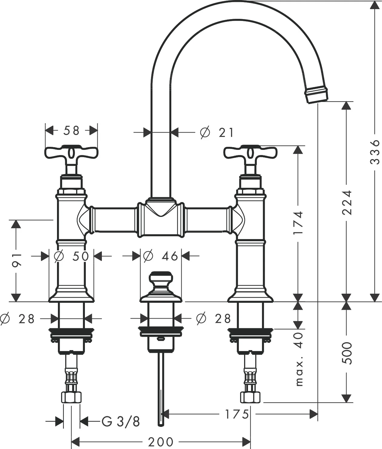 Hansgrohe AXOR Montreux 2-Griff Waschtischarmatur Chrom, ComfortZone 220, Ausladung 175 mm, Auslaufhöhe 224 mm