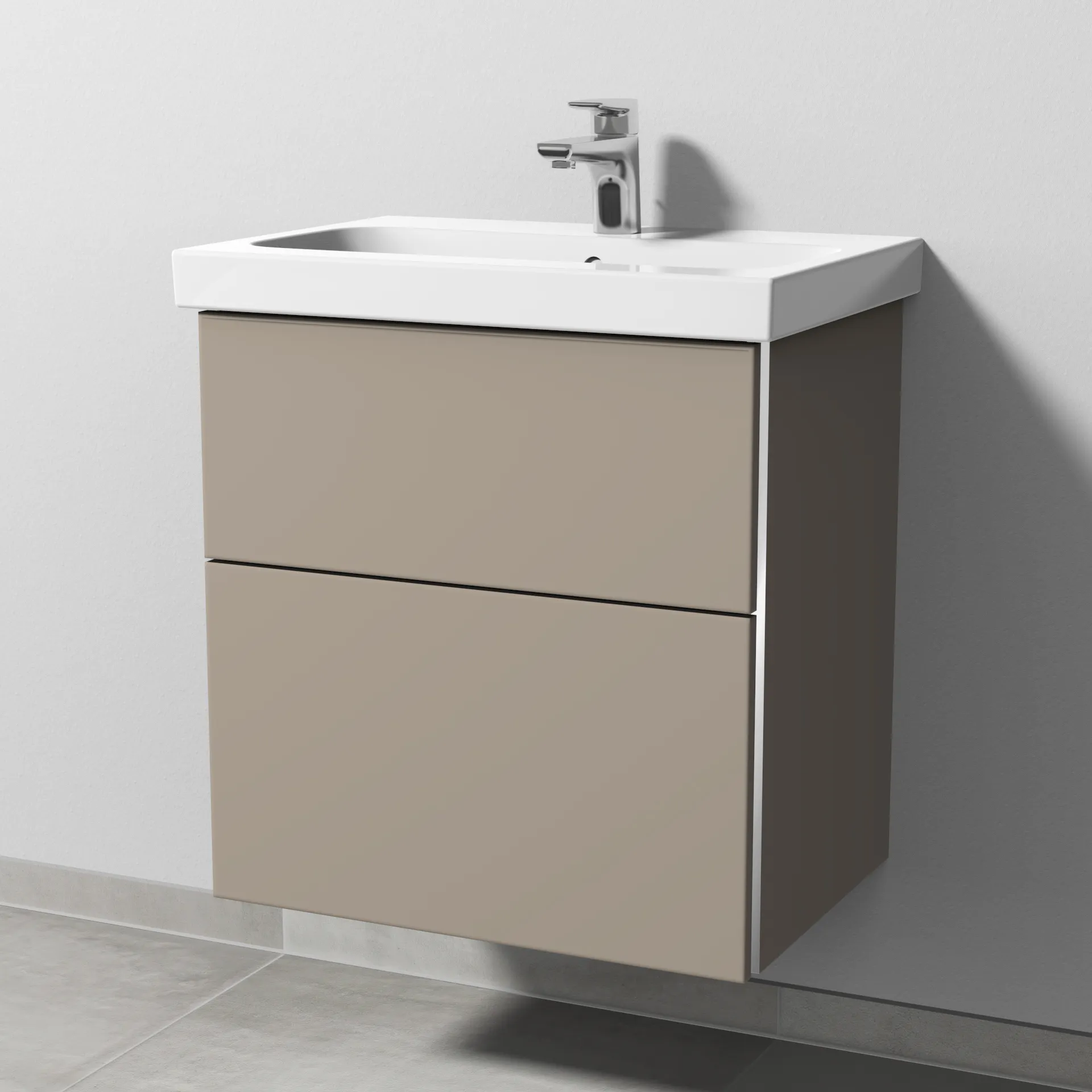 Sanipa Waschtischunterschrank „3way“ 560 × 591 × 407 mm in Sandgrau (matt), Becken mittig, mit Hahnlochbohrung Sanipa Waschtischunterschrank „3way“ 560 × 591 × 407 mm in Sandgrau (matt), Becken mittig, mit Hahnlochbohrung