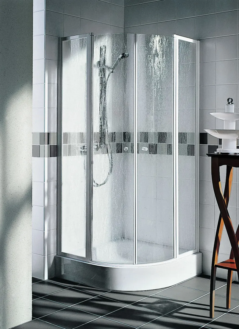 Kermi Duschdesign Viertelkreis-Duschkabine mit Pendeltüren mit Festfeldern für gleichschenklige Wannen „NOVA 2000“ Glas Kerolan Fontana, Profile Silber Mattglanz, BV: 775 - 800 mm WE: 785 - 810 mm H: 1850 mm